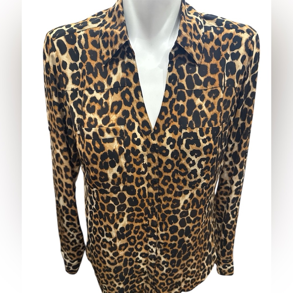 Express Leopard Print Button-Down Shirt in Tan and Black